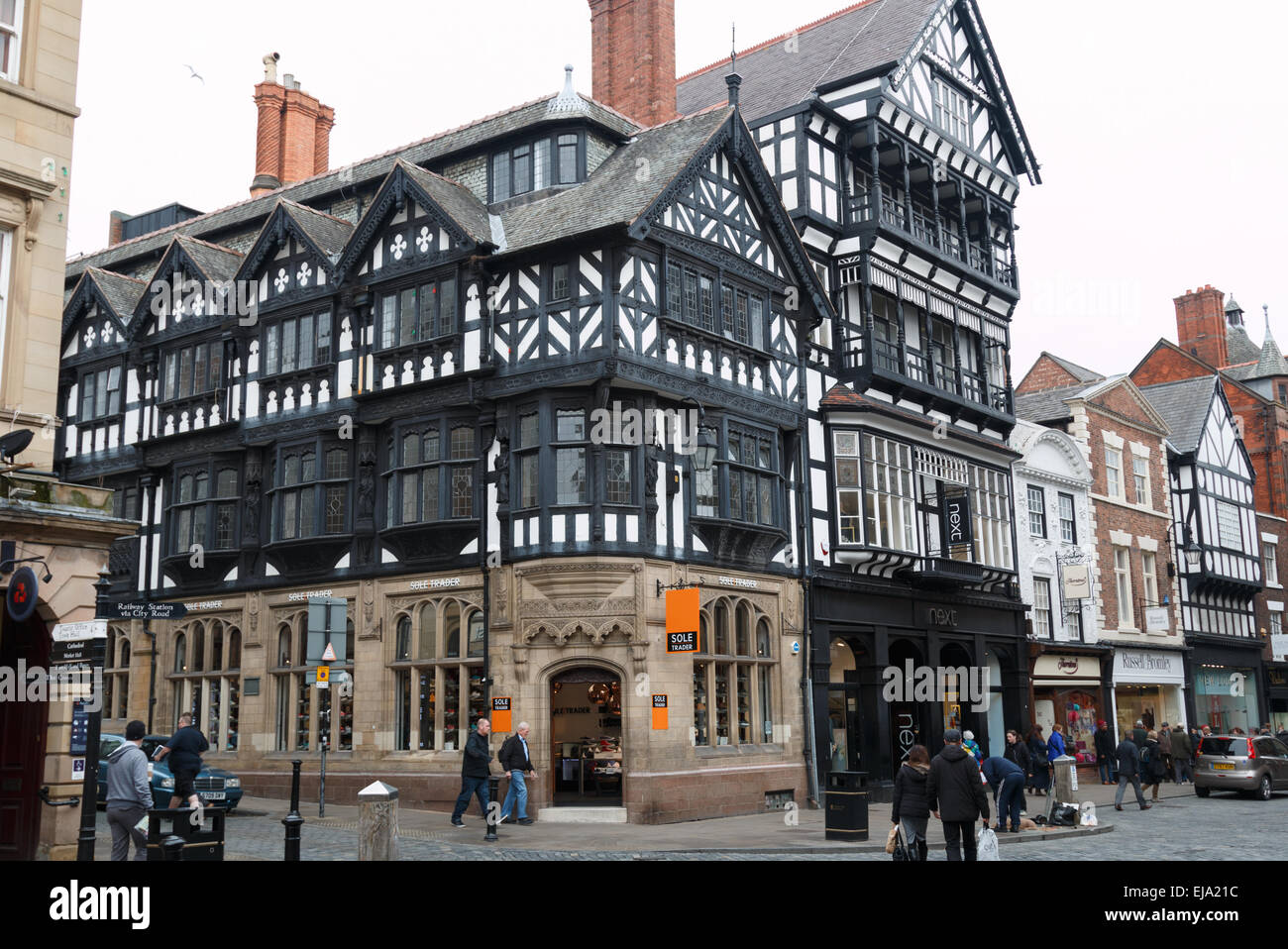 Chester historic shops on the corner of Eastgate Street. Street scene