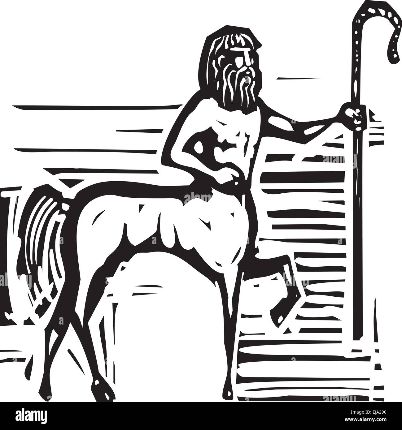 Woodcut style image of a Greek mythical centaur with a Shepard's croft. Stock Vector