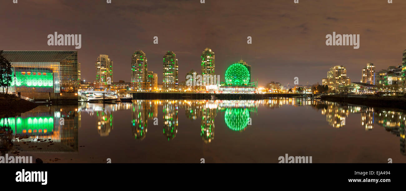 Vancouver British Columbia Canada City Skyline Along False Creek Night Scene Panorama Stock Photo