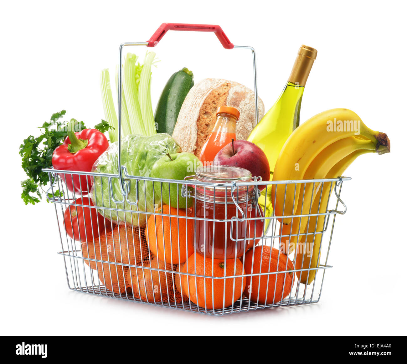 Wire shopping basket with groceries Stock Photo Alamy
