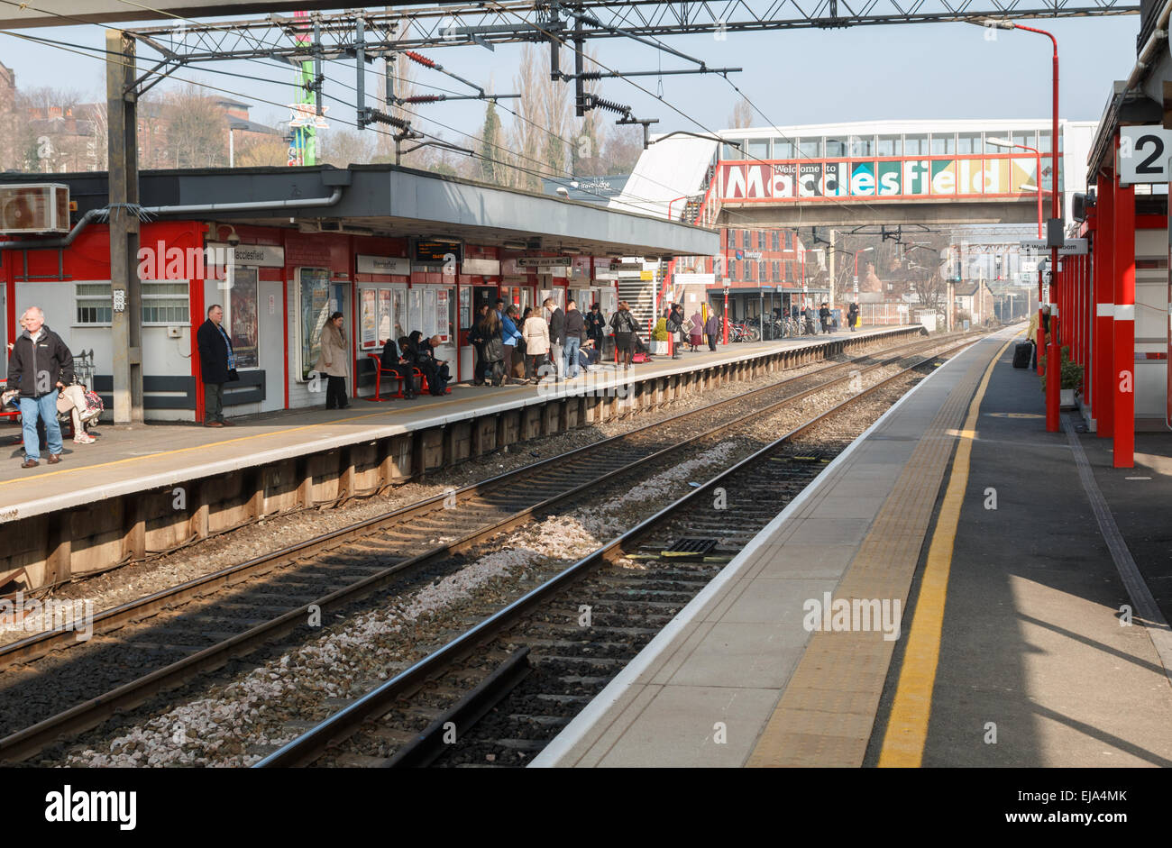 Macclesfield Railway station platforms on a sunny spring day. Stock Photo