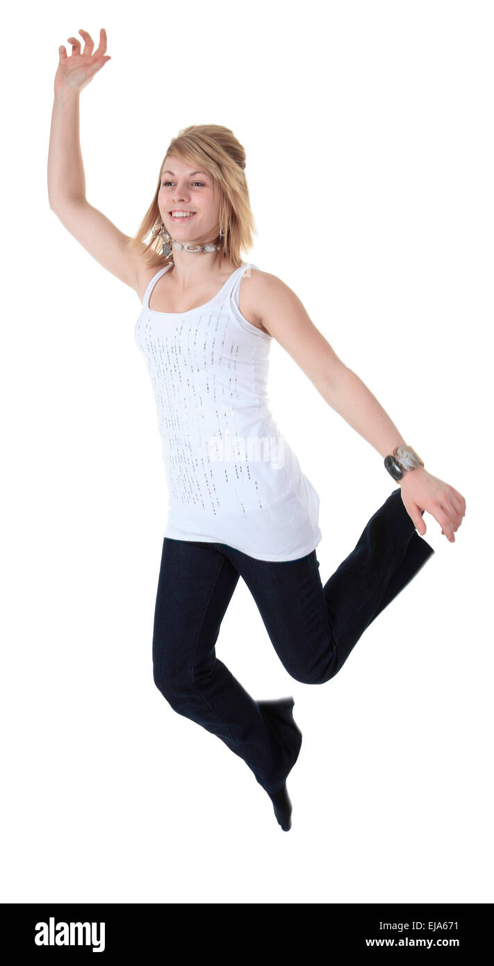 Full length studio photo of attractive woman jumping in air with Stock Photo