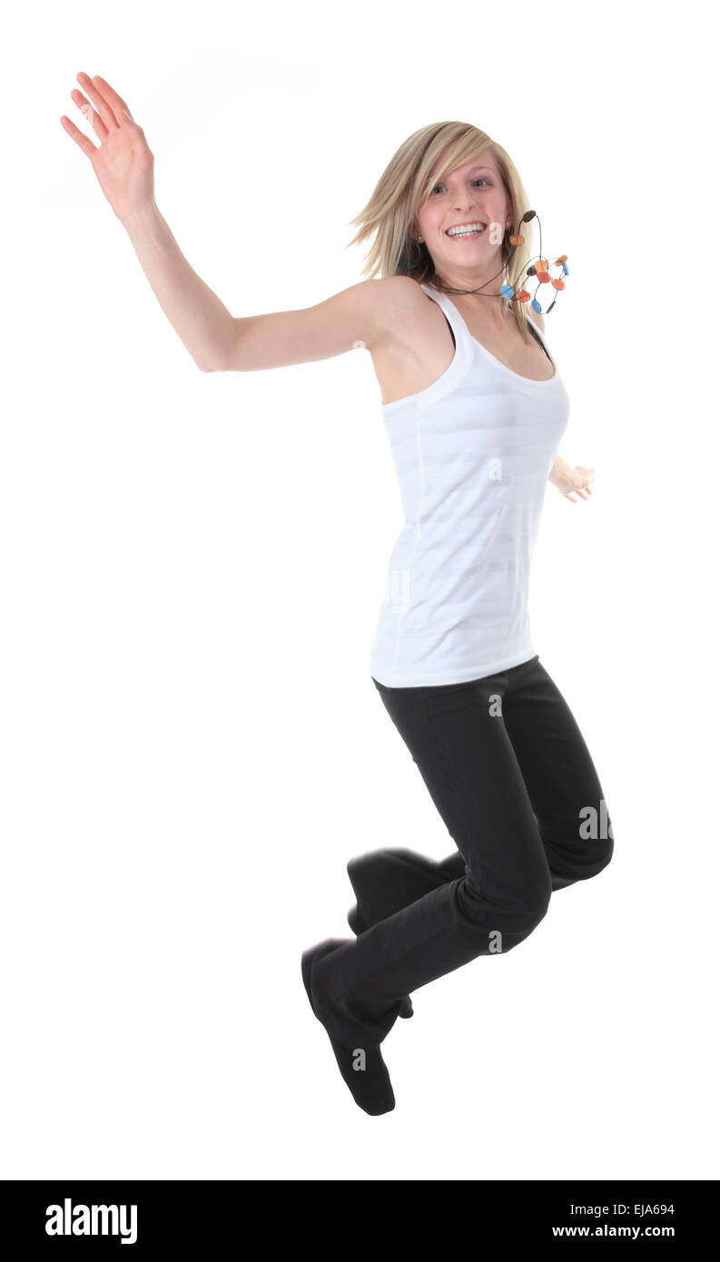 Full length studio photo of attractive woman jumping in air with Stock Photo