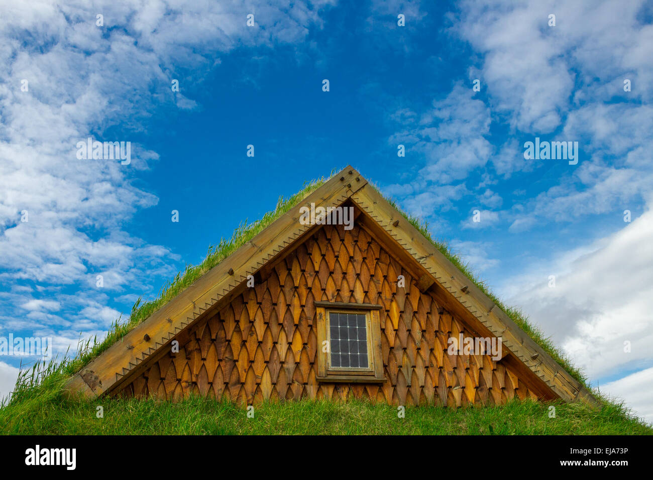 grass roof on a old viking church in Iceland Stock Photo