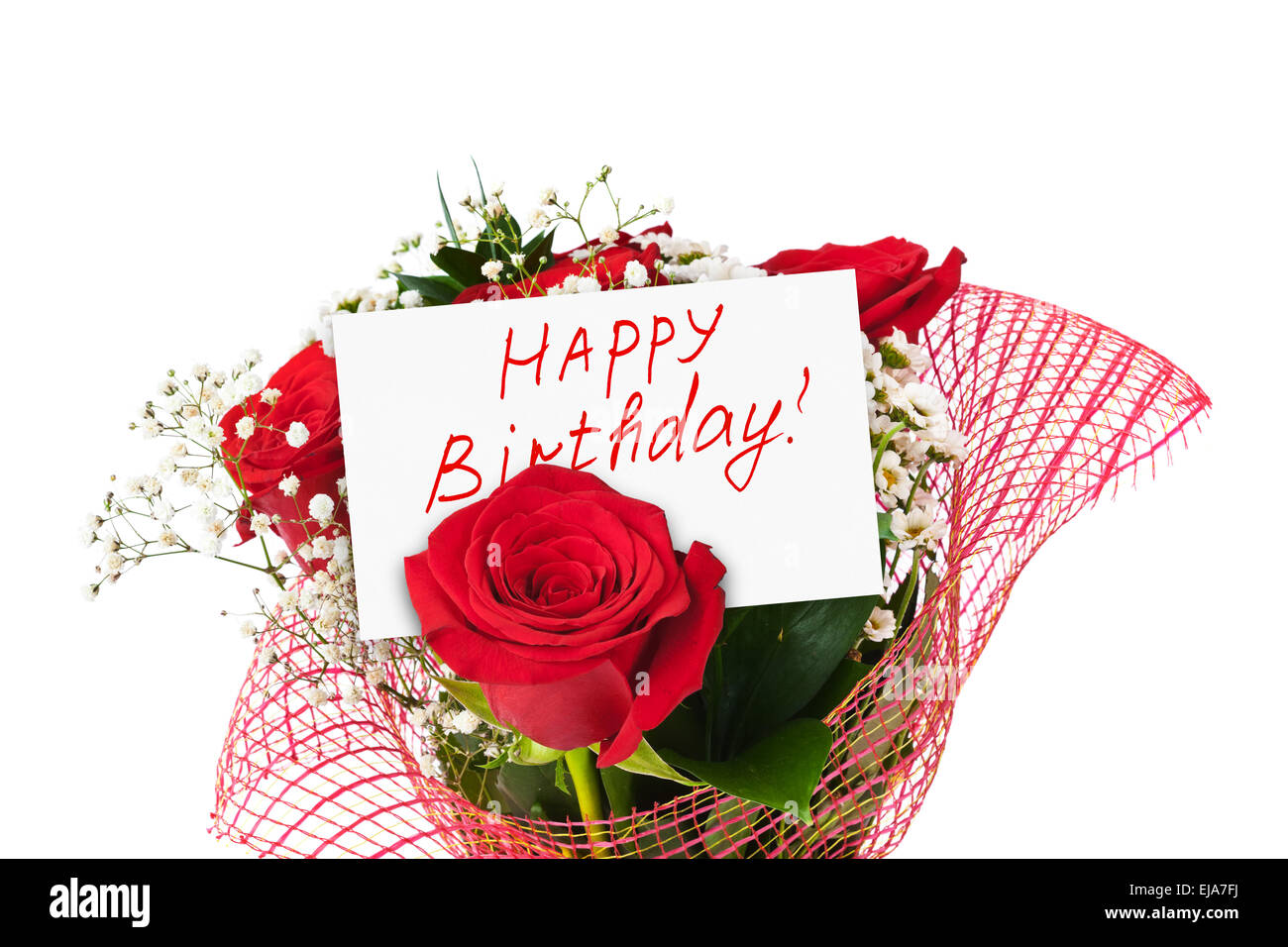 Roses bouquet and card Happy Birthday Stock Photo - Alamy