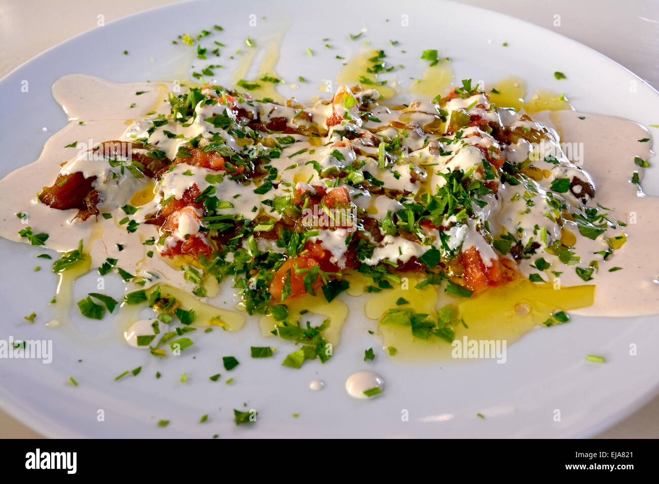 Eggplant and Tachini. Stock Photo