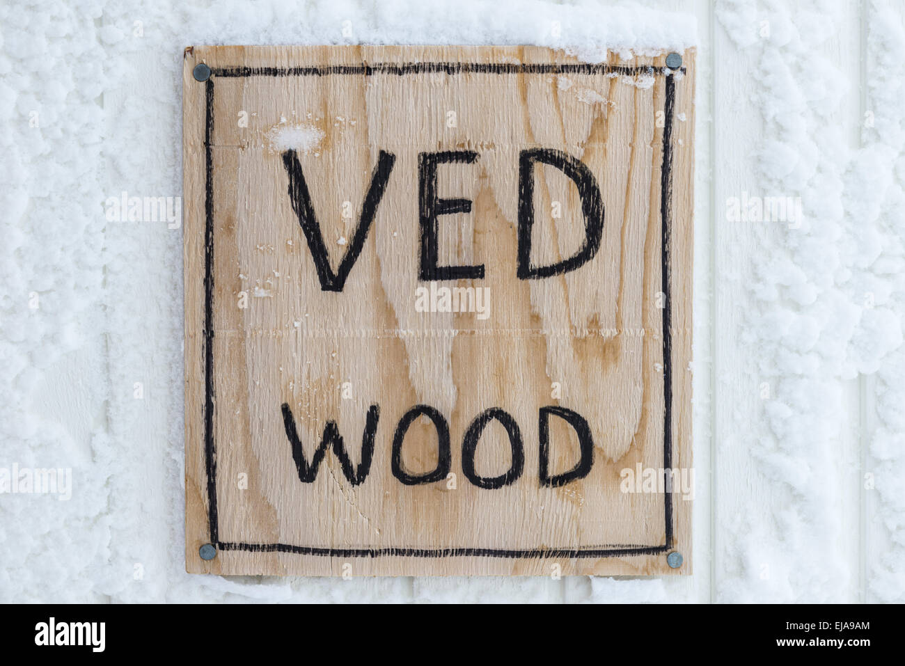 label Wood on a woodshed, Lapland, Sweden Stock Photo