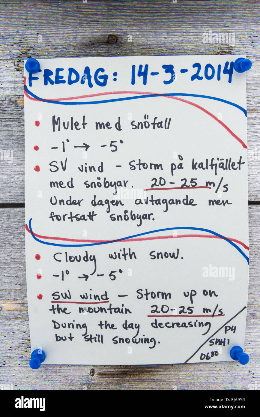 handwritten weather forecast, Lapland, Sweden Stock Photo Alamy