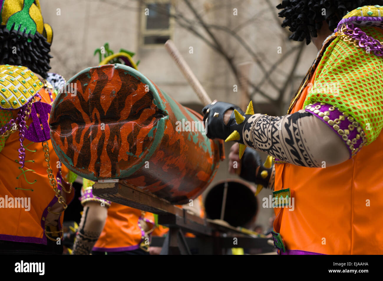 Performer plays trash can at Carnival parade of comparsas at Badajoz City, Spain Stock Photo