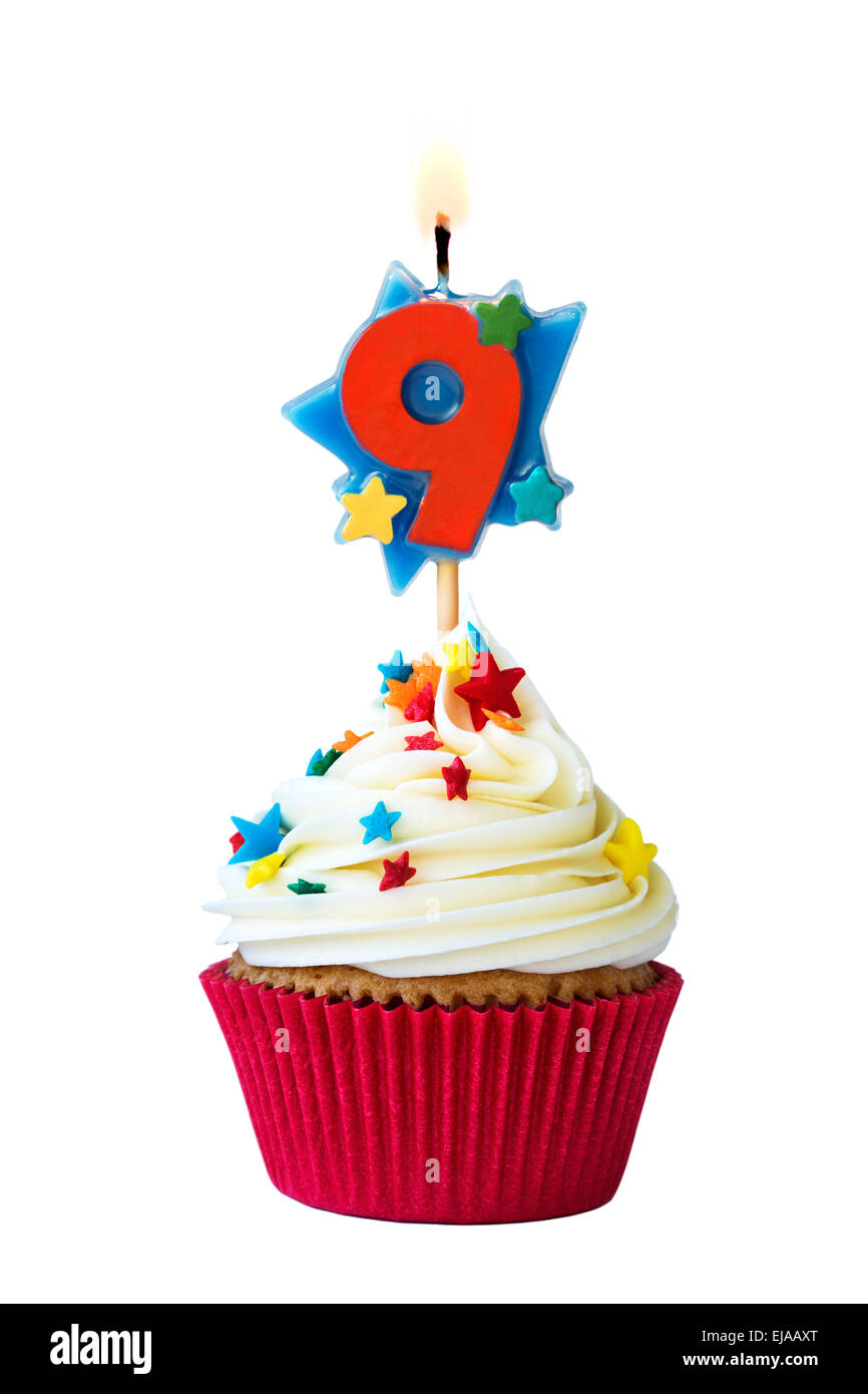 Cupcake with number nine candle Stock Photo