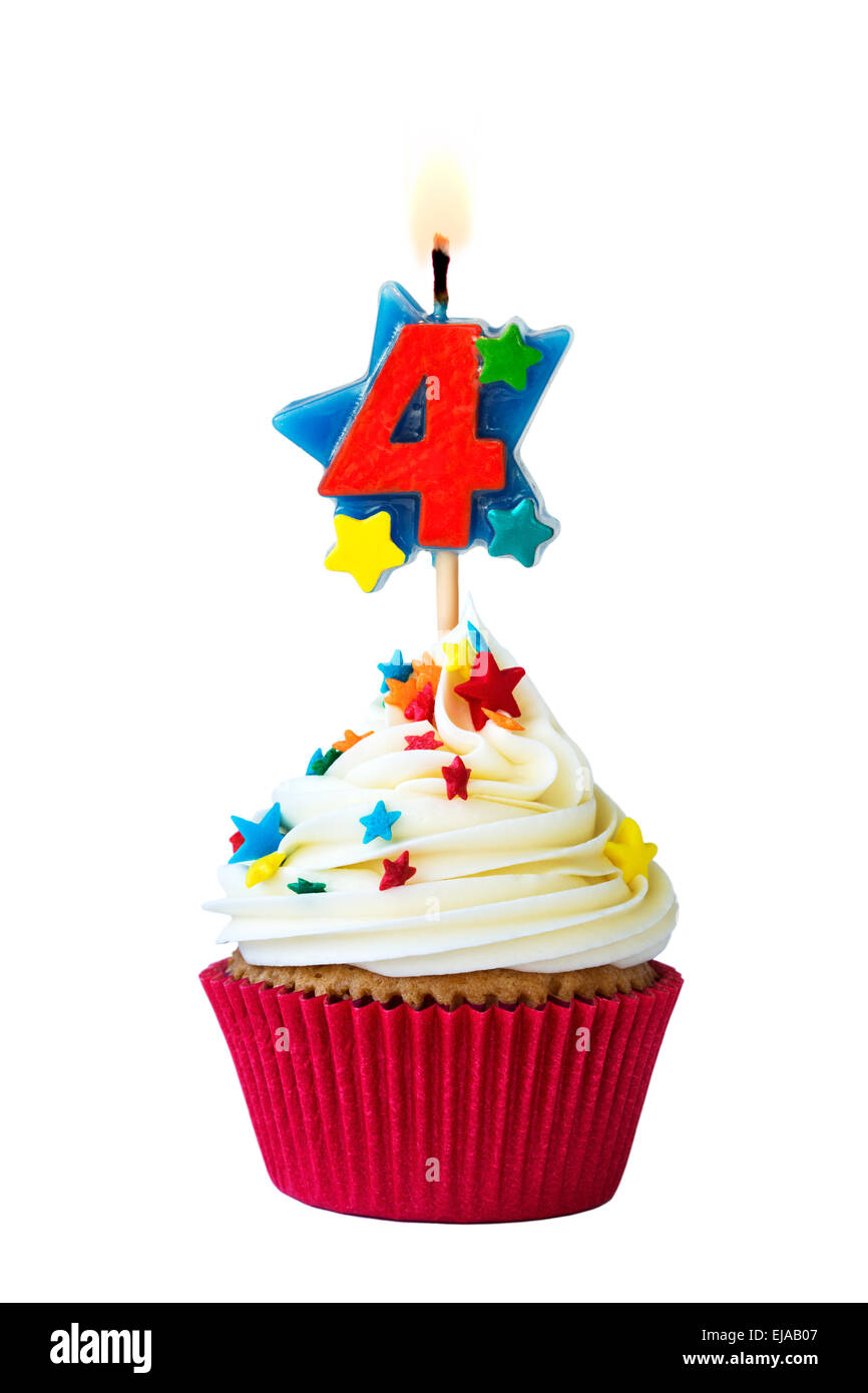 Cupcake with number four candle Stock Photo