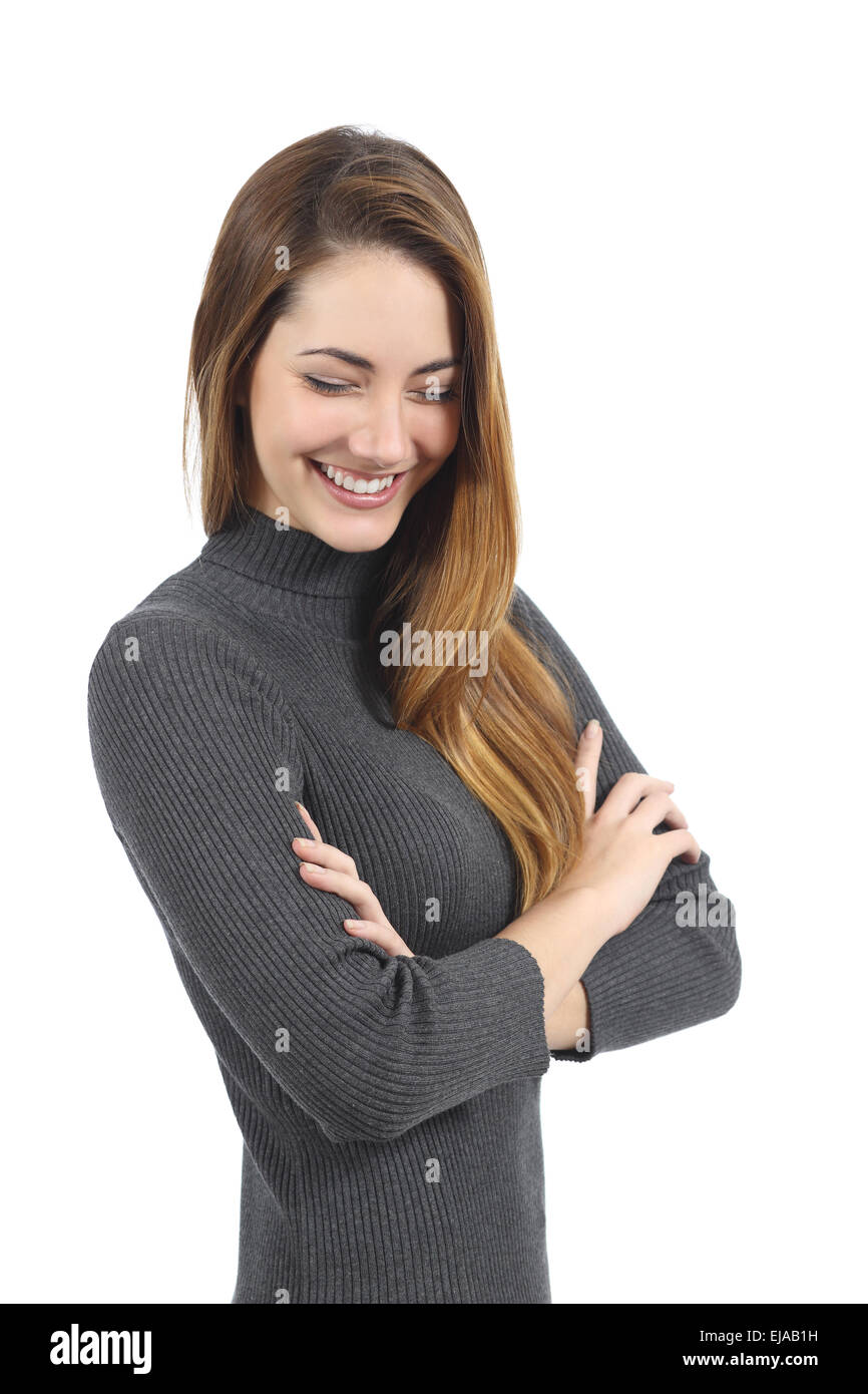 Portrait of a happy candid woman laughing isolated on a white background Stock Photo