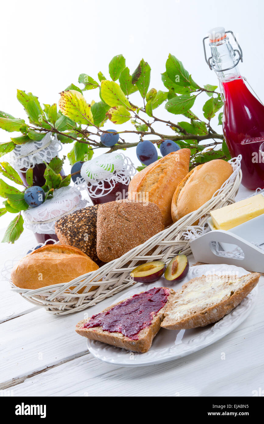 breakfast with plum jam Stock Photo Alamy