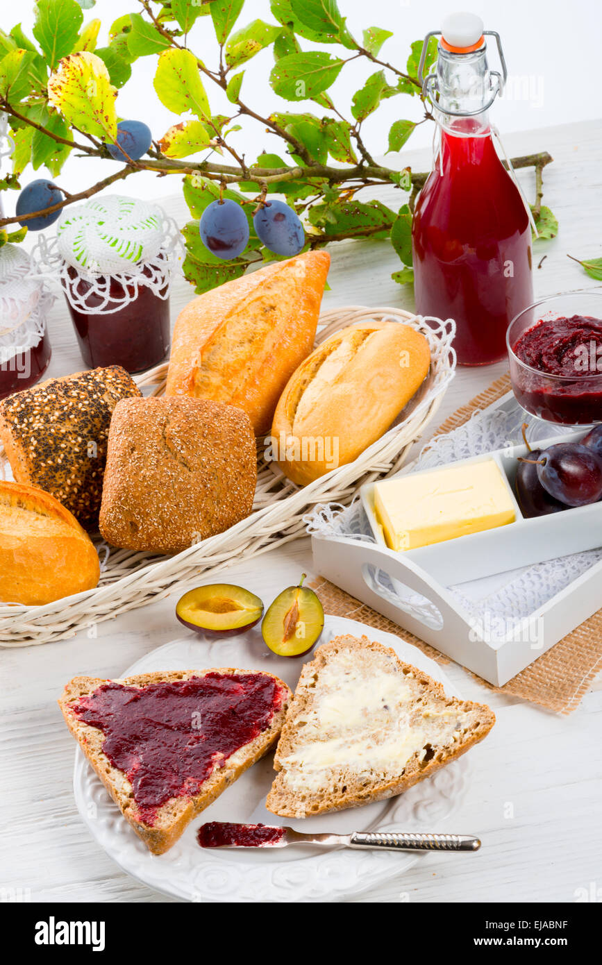 breakfast with plum jam Stock Photo Alamy