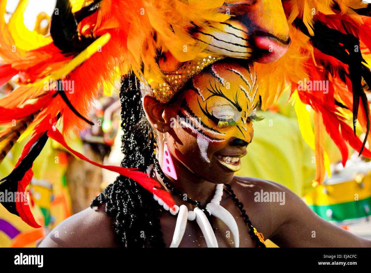 A Colombian girl, having a tiger mask, dances Mapalé during the Carnival in Barranquilla, Colombia. Stock Photo