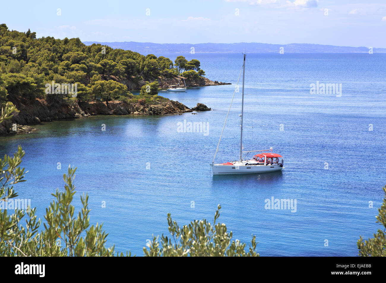 Yacht in the bay of the Aegean Sea Stock Photo - Alamy