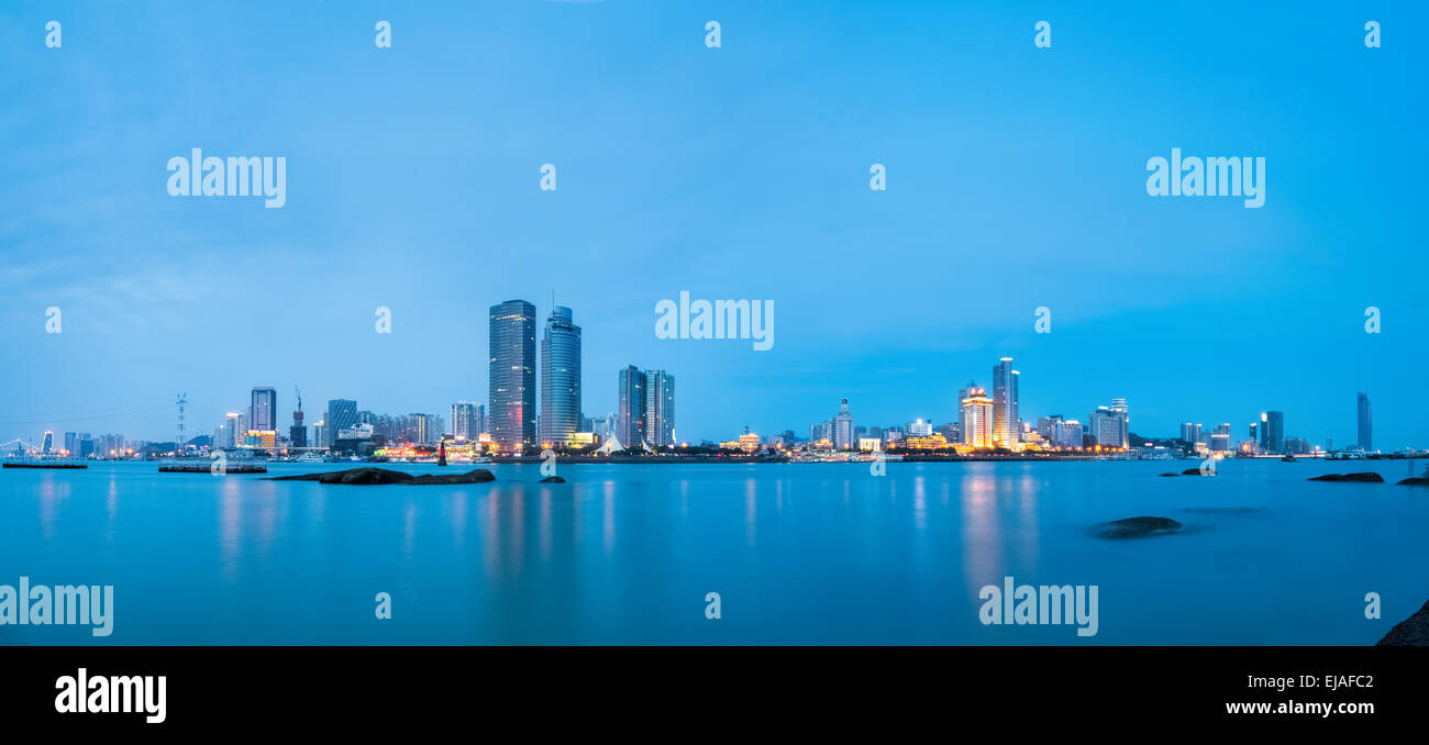 panoramic view of xiamen skyline in nightfall Stock Photo