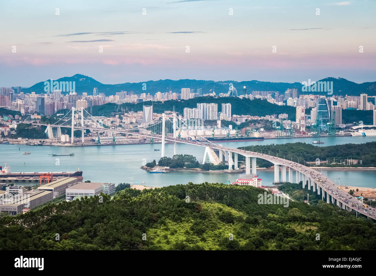 aerial view of xiamen haicang bridge at dusk Stock Photo - Alamy