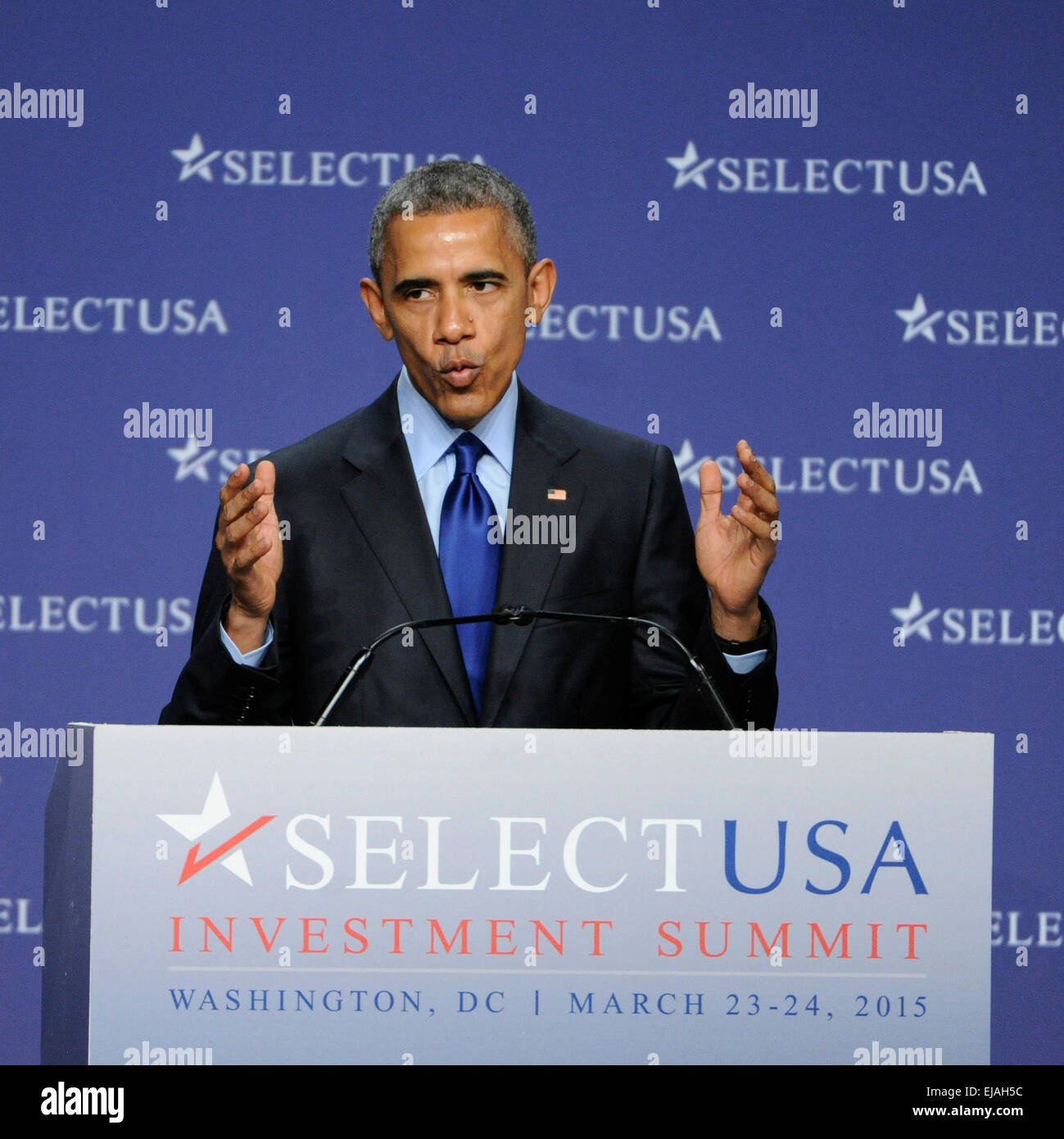 Washington, DC, USA. 23rd Mar, 2015. U.S. President Barack Obama speaks during the 2015 SelectUSA Investment Summit in Washington, DC, capital of the United States, March 23, 2015. U.S. President Barack Obama on Monday announced a series of new measures to lure more foreign investment and bolster economic recovery. Credit:  Bao Dandan/Xinhua/Alamy Live News Stock Photo