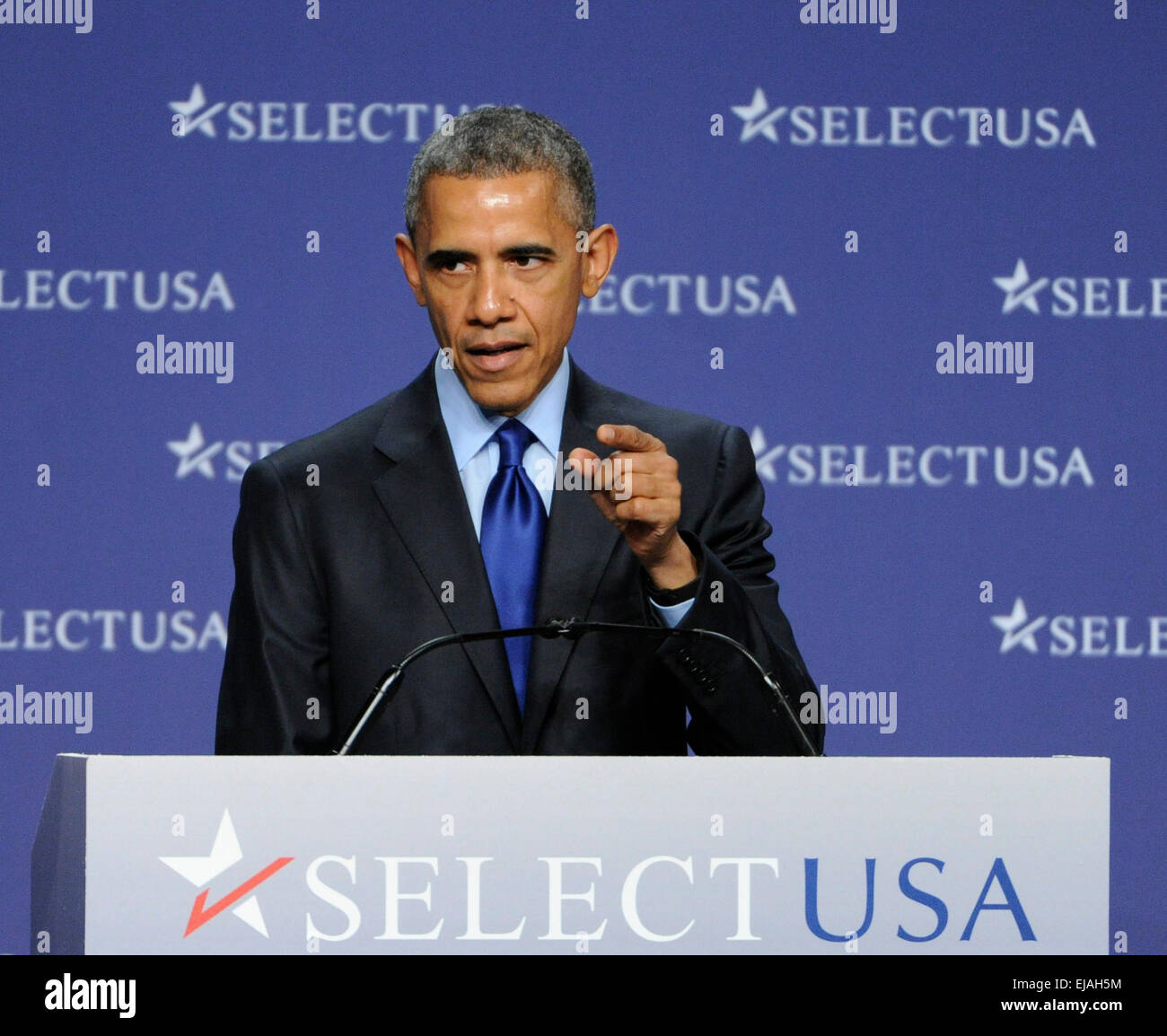 Washington, DC, USA. 23rd Mar, 2015. U.S. President Barack Obama speaks during the 2015 SelectUSA Investment Summit in Washington, DC, capital of the United States, March 23, 2015. U.S. President Barack Obama on Monday announced a series of new measures to lure more foreign investment and bolster economic recovery. Credit:  Bao Dandan/Xinhua/Alamy Live News Stock Photo