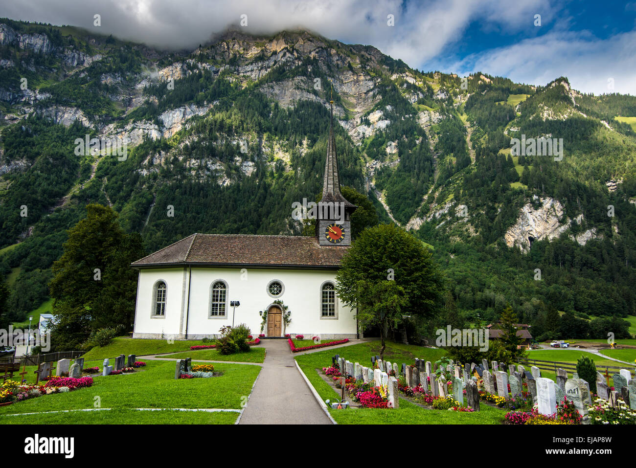 Rural Mountain Church in the Kandertal Valley of Switzerland, south of Interlaken Stock Photo