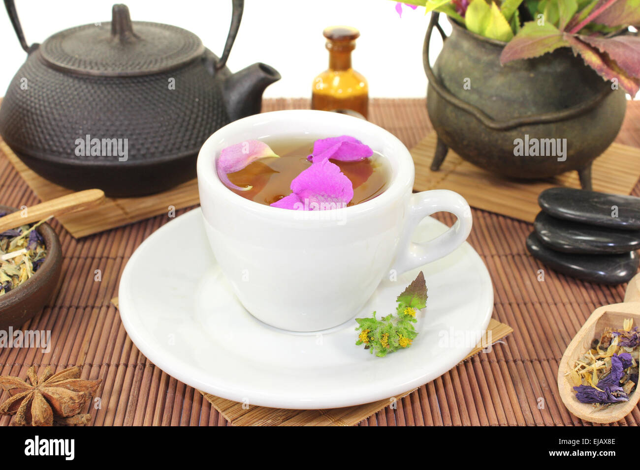 Chinese natural medicine with a cup of tea Stock Photo