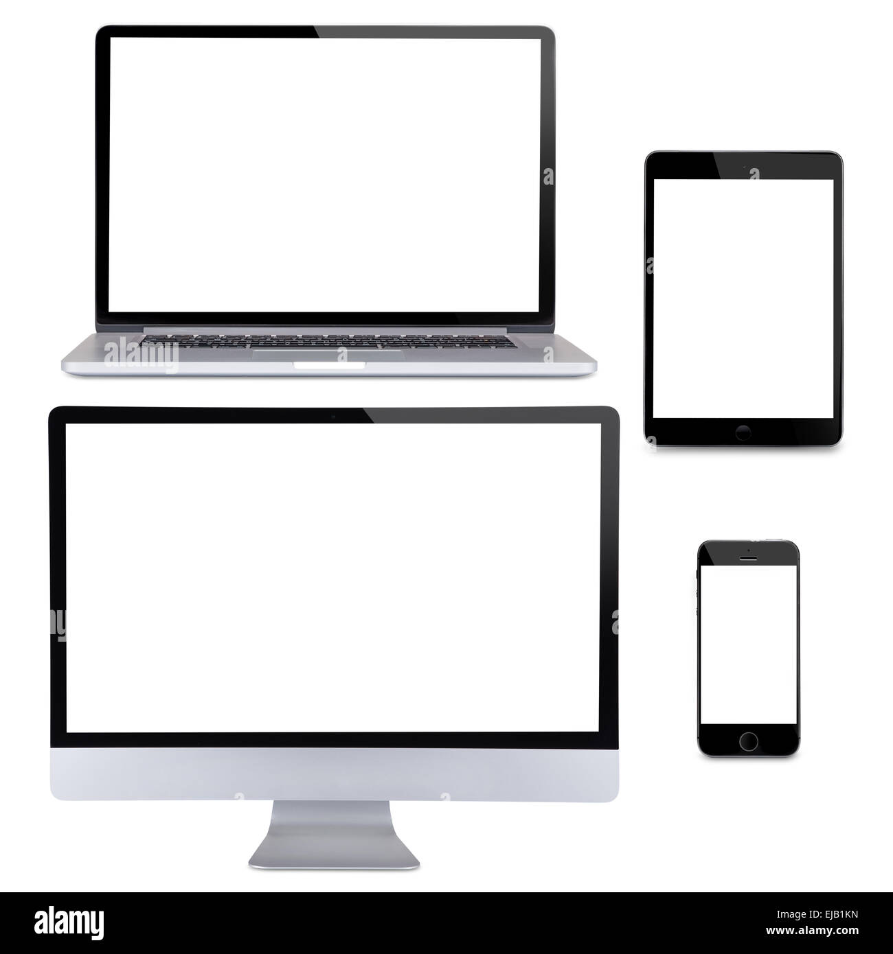 Computer display, laptop, smart phone and tablet. Front view on white ...