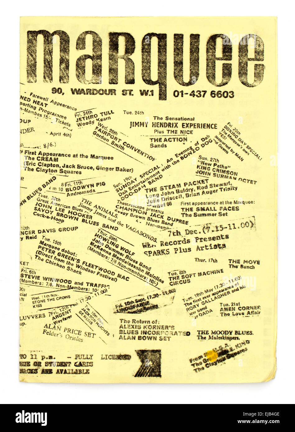 1970's Monthly Promotional Flyer for the legendary Marquee Club Soho London naming famous bands who had played there in the past Stock Photo