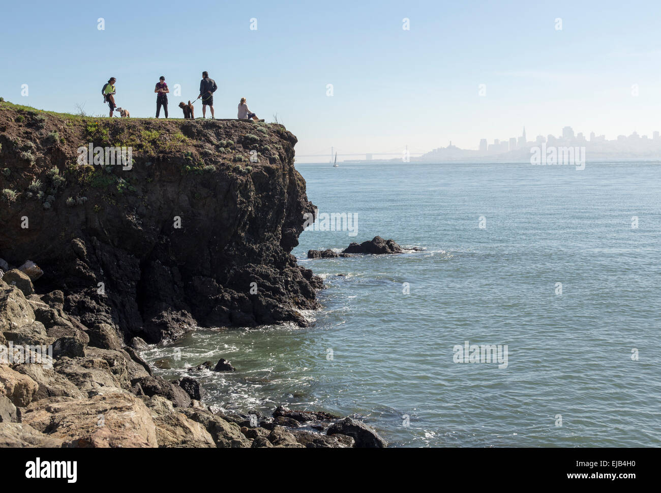people, tourists, Point Cavallo, overlook, Satterlee Breakwater, Fort Baker, Sausalito, Marin County, California Stock Photo
