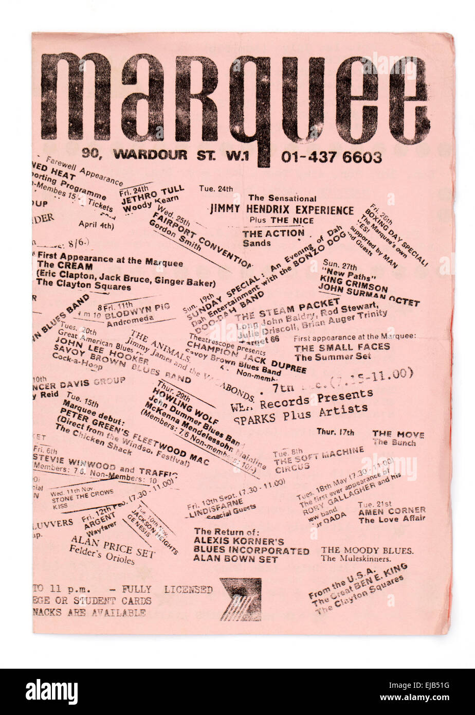 1970's Monthly Promotional Flyer for the legendary Marquee Club Soho London naming famous bands who had played there in the past Stock Photo