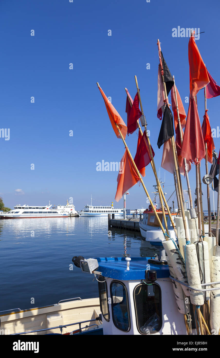 Fish trap flags in the port of Vitte Stock Photo
