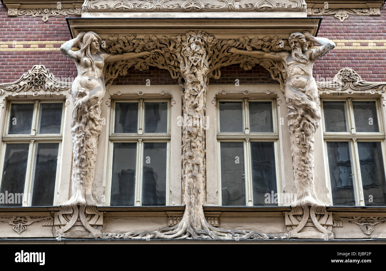 Art Nouveau facade in the Old Town of Riga Stock Photo