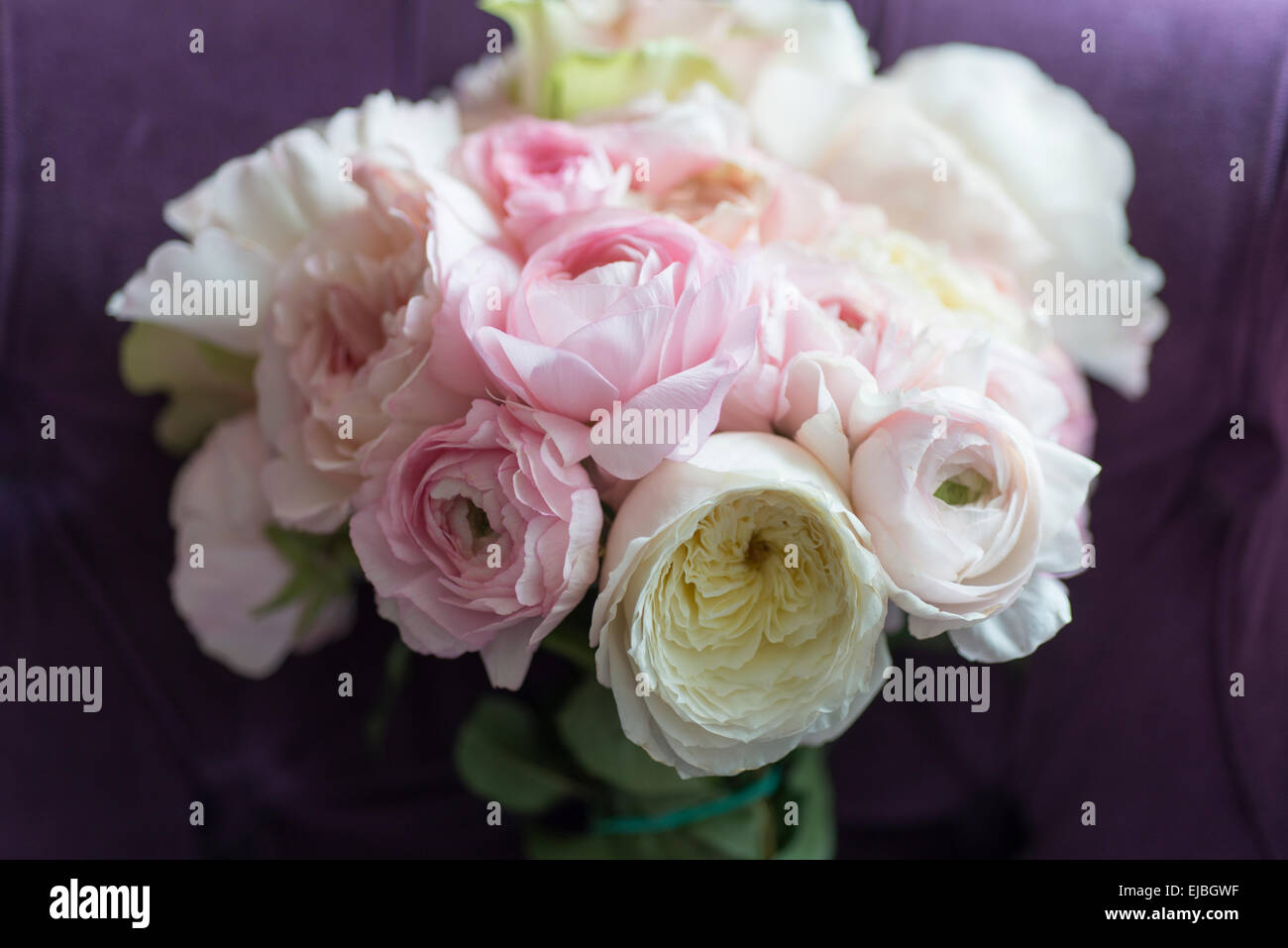 Bouquet of roses and ranunculus in tin container on Paris apartment balcony Stock Photo