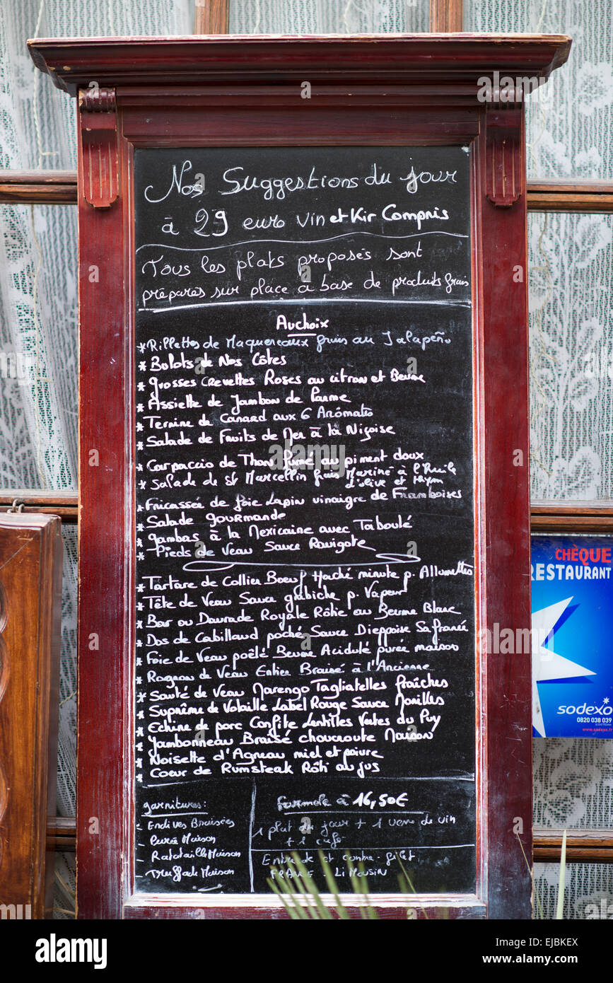 Chalkboard sidewalk cafe menu in Paris, France Stock Photo