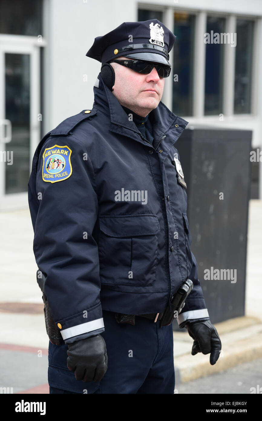 Newark police officer working during the 2013 St. Patrick's Day Parade. Newark, New Jersey Stock Photo