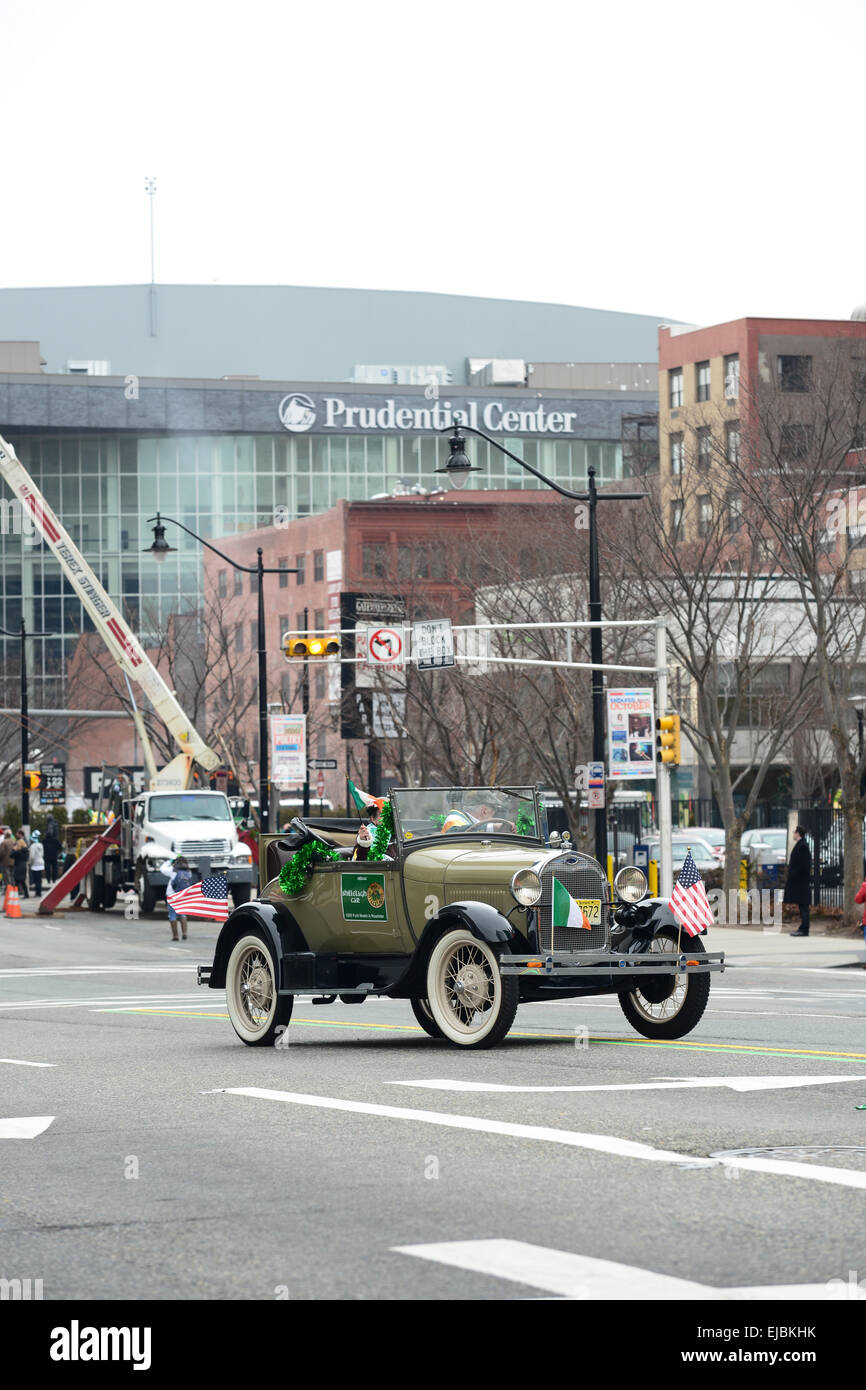 Official car for the Essex Shillelagh Pipes and Drums during the 2013 St. Patrick's Day parade in Newark, New Jersey. USA Stock Photo