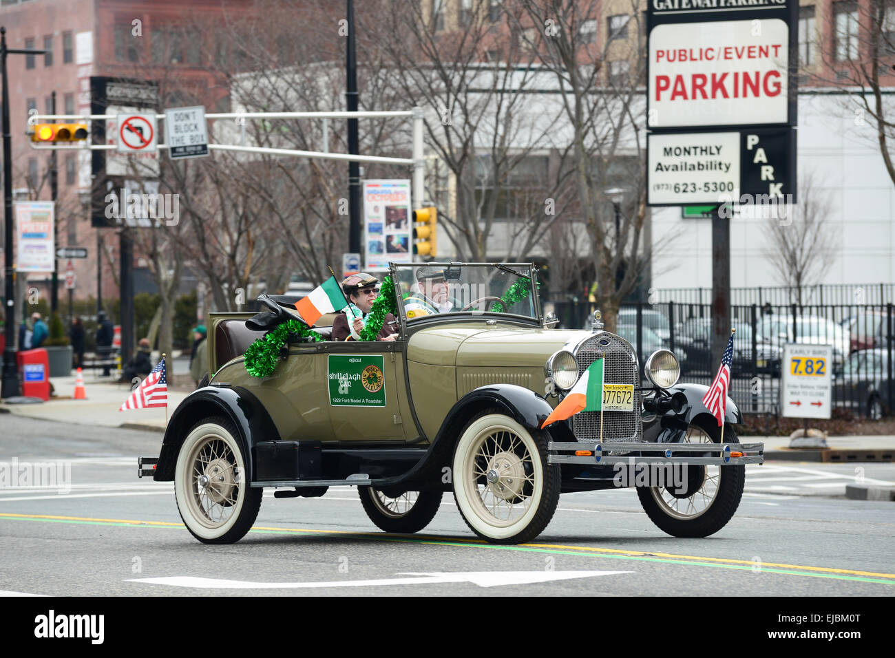 Official car for the Essex Shillelagh Pipes and Drums during the 2013 St. Patrick's Day parade in Newark, New Jersey. USA Stock Photo