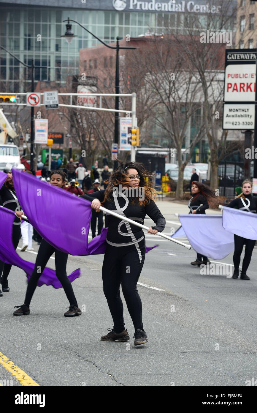 Kids performing with flags during the 2013 St. Patrick's Day parade in Newark, New Jersey. USA Stock Photo