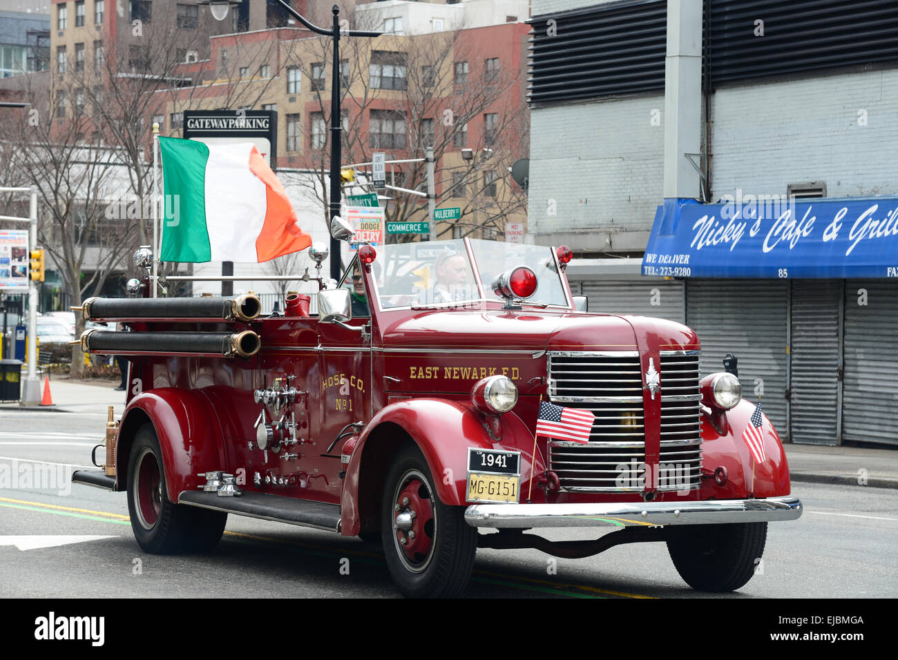 East Newark vintage fie department car during the 2013 St. Patrick's Day parade in Newark, New Jersey. USA Stock Photo