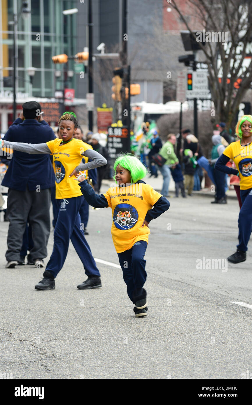Students from the Marion P. Thomas Charter School's Magnificent Marching Tigers perform during a 2013 parade in Newark, NJ. USA Stock Photo