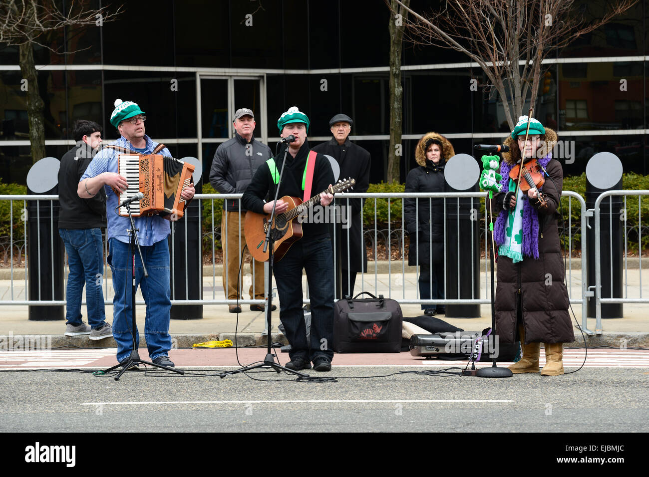 Irish folk band playing during the 2013 St. Patricks Day parade in Newark, New JErsey. USA. Stock Photo