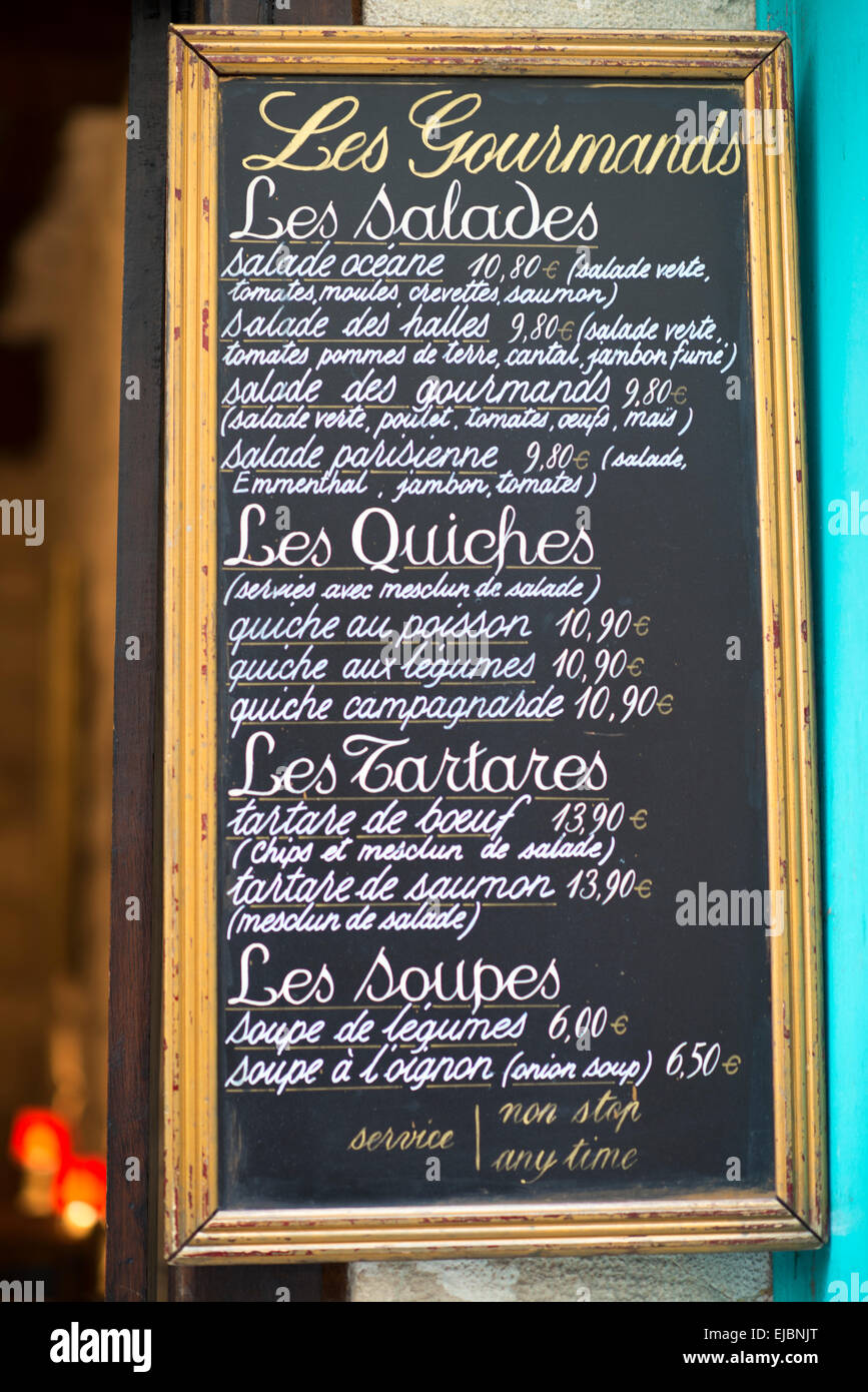 Chalkboard sidewalk cafe menu in Paris, France Stock Photo