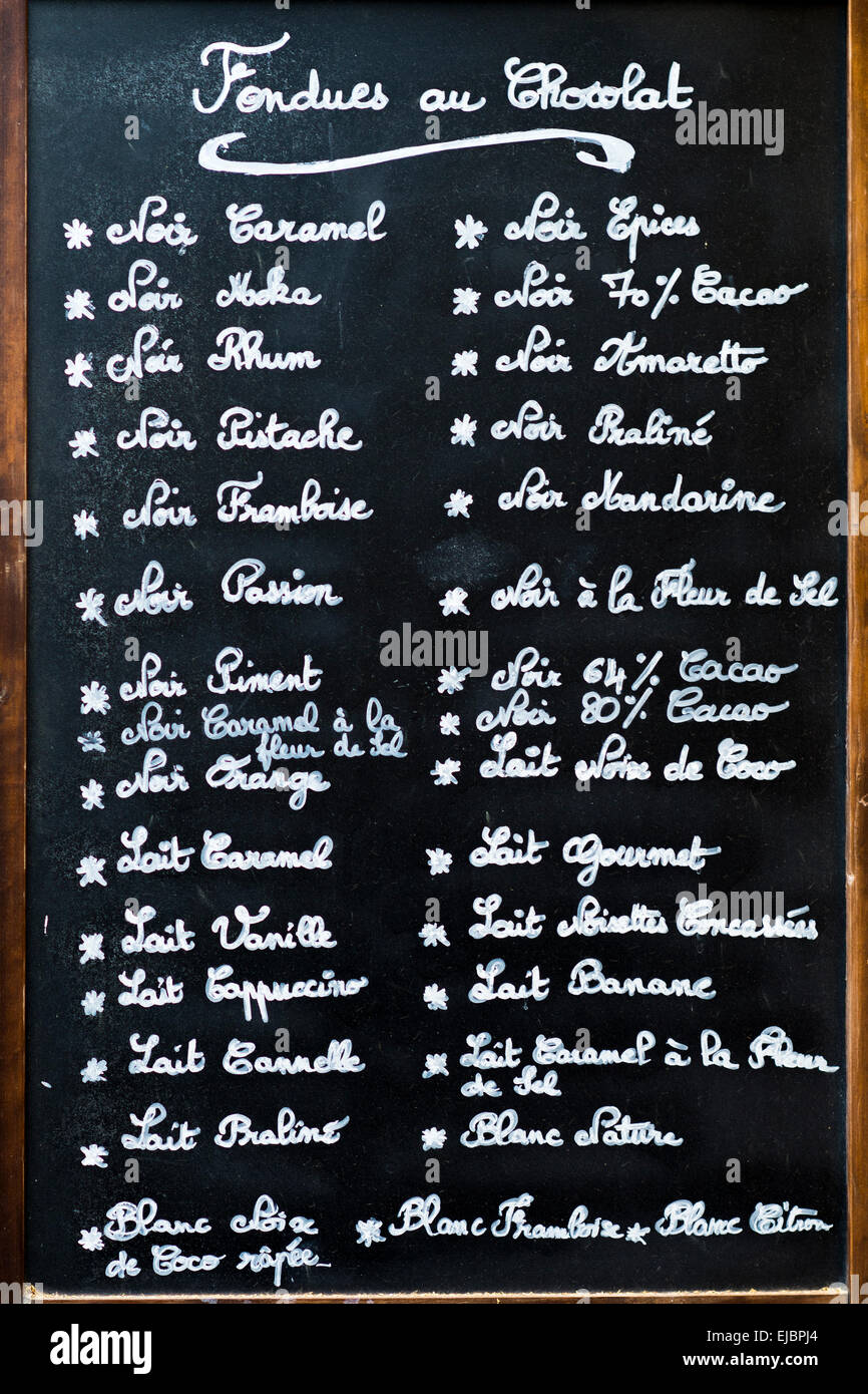 Chalkboard sidewalk cafe menu in Paris, France Stock Photo