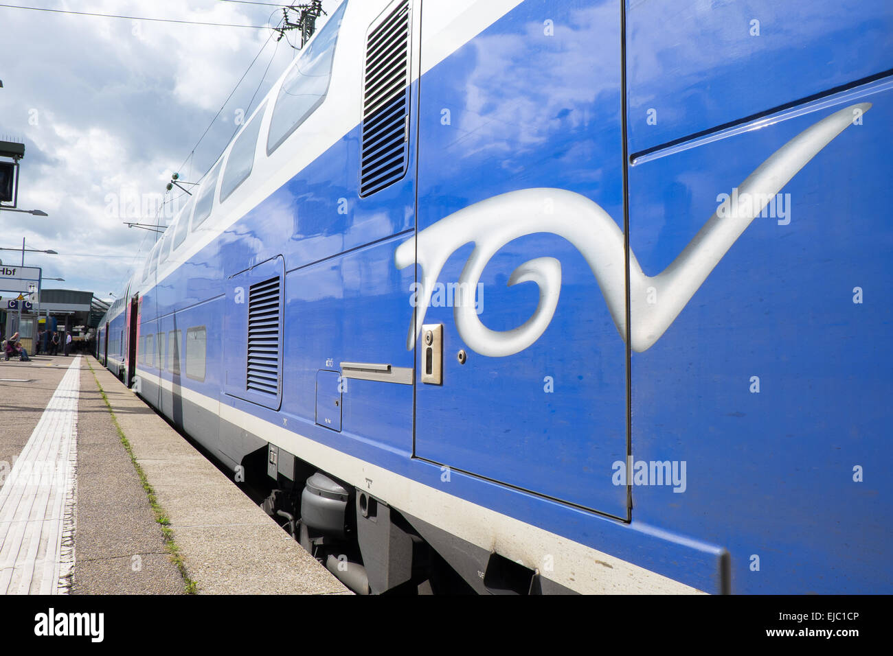 The high-speed TGV train is set to depart from Stuttgart, Germany for a trip to Paris, France. Stock Photo