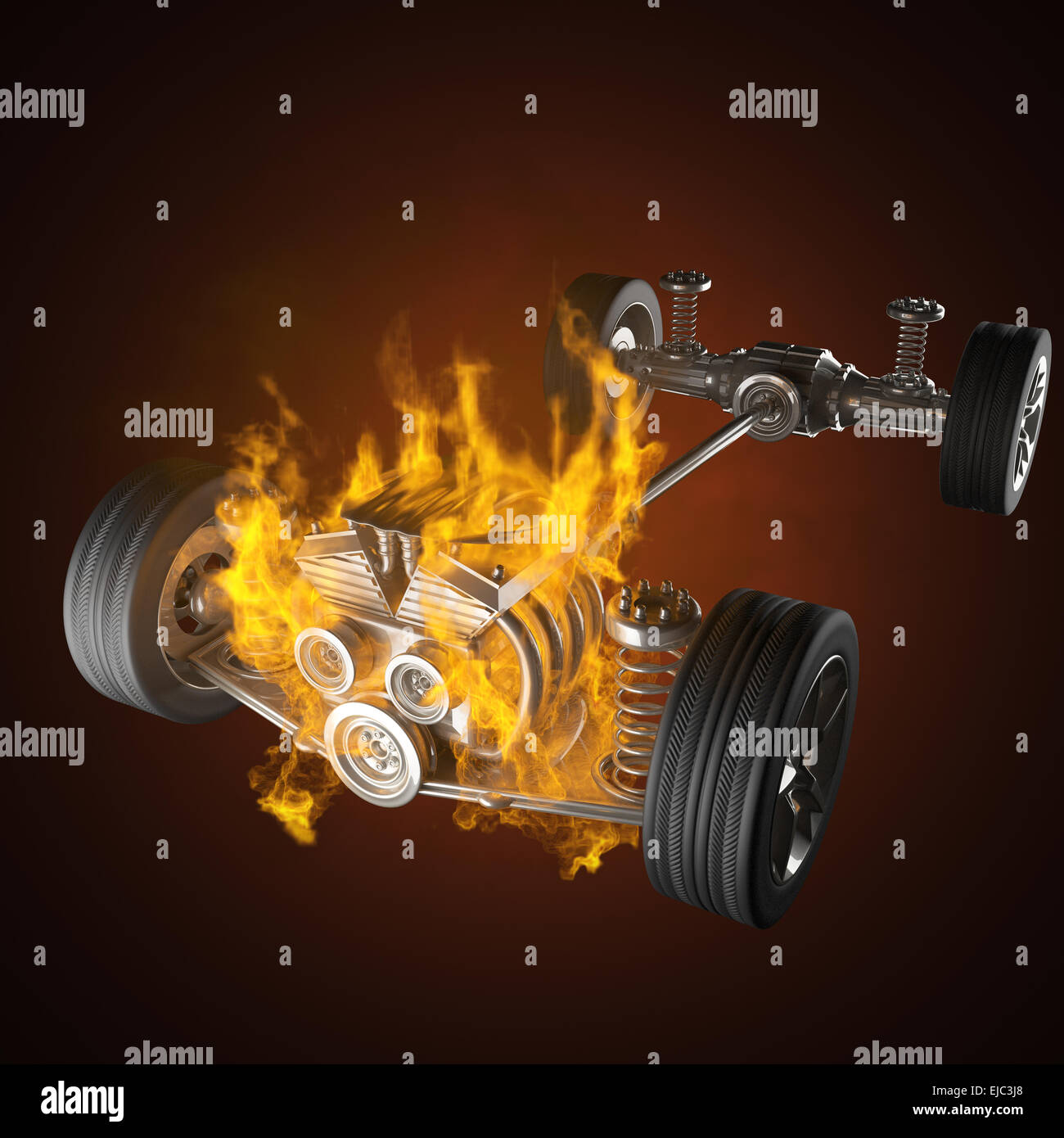 burning car chassis with engine and wheels Stock Photo Alamy