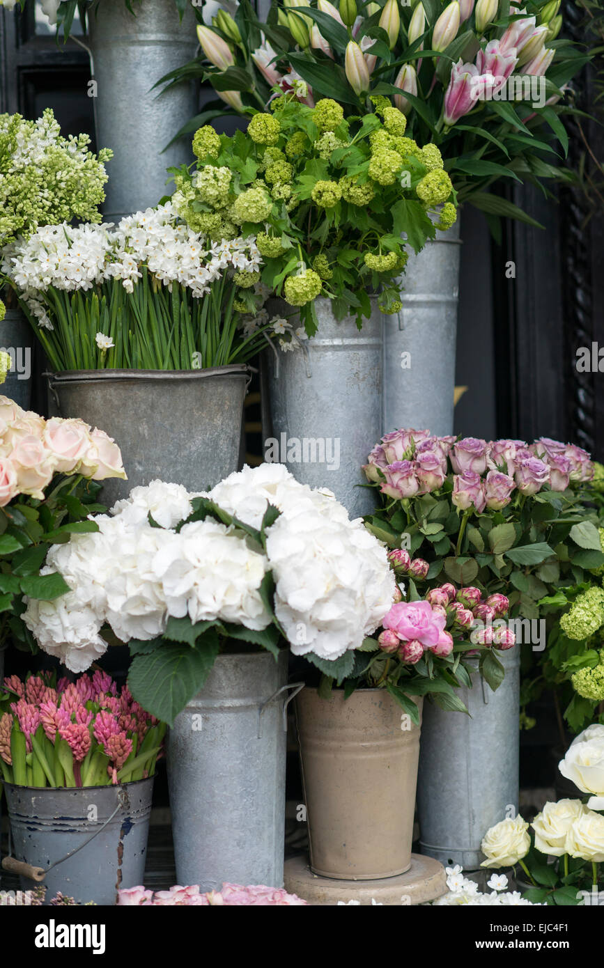 Spring flowers including lilacs, hydrangea, hyacinth, paperwhites, peonies and roses in zinc buckets at flower market, London Stock Photo