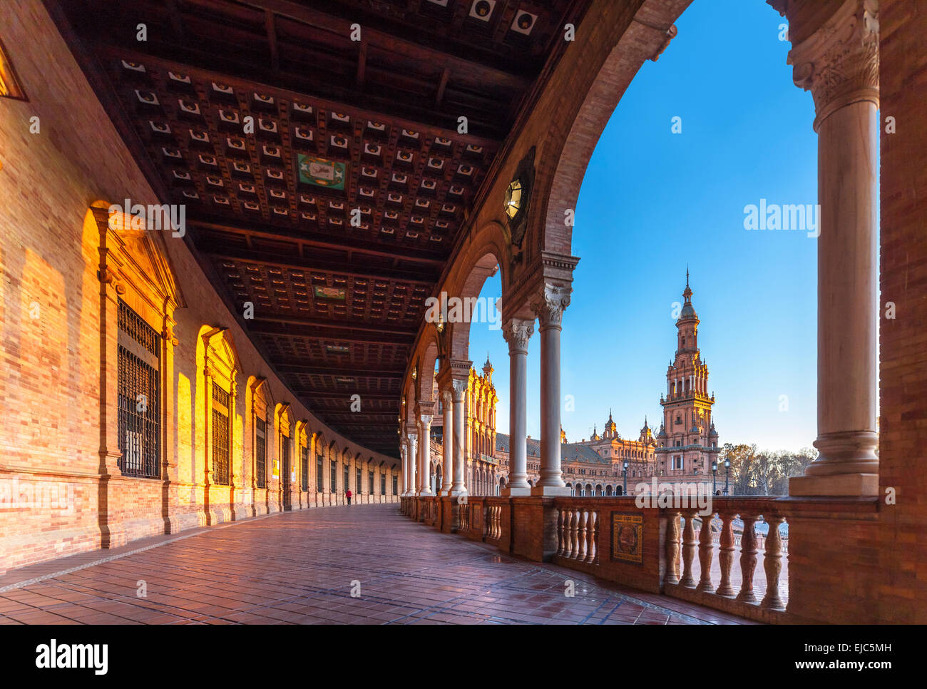 Plaza de Espana Seville Spain Sevilla, at sunset. View towards the South tower of the main building. Stock Photo