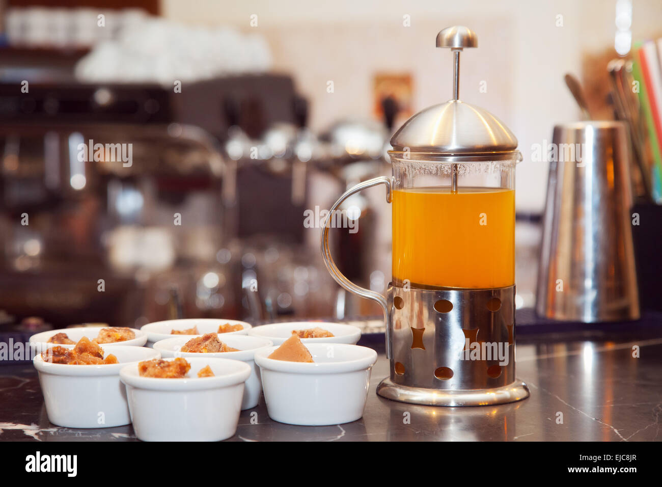 tea in a Frenchpress with sweets Stock Photo Alamy
