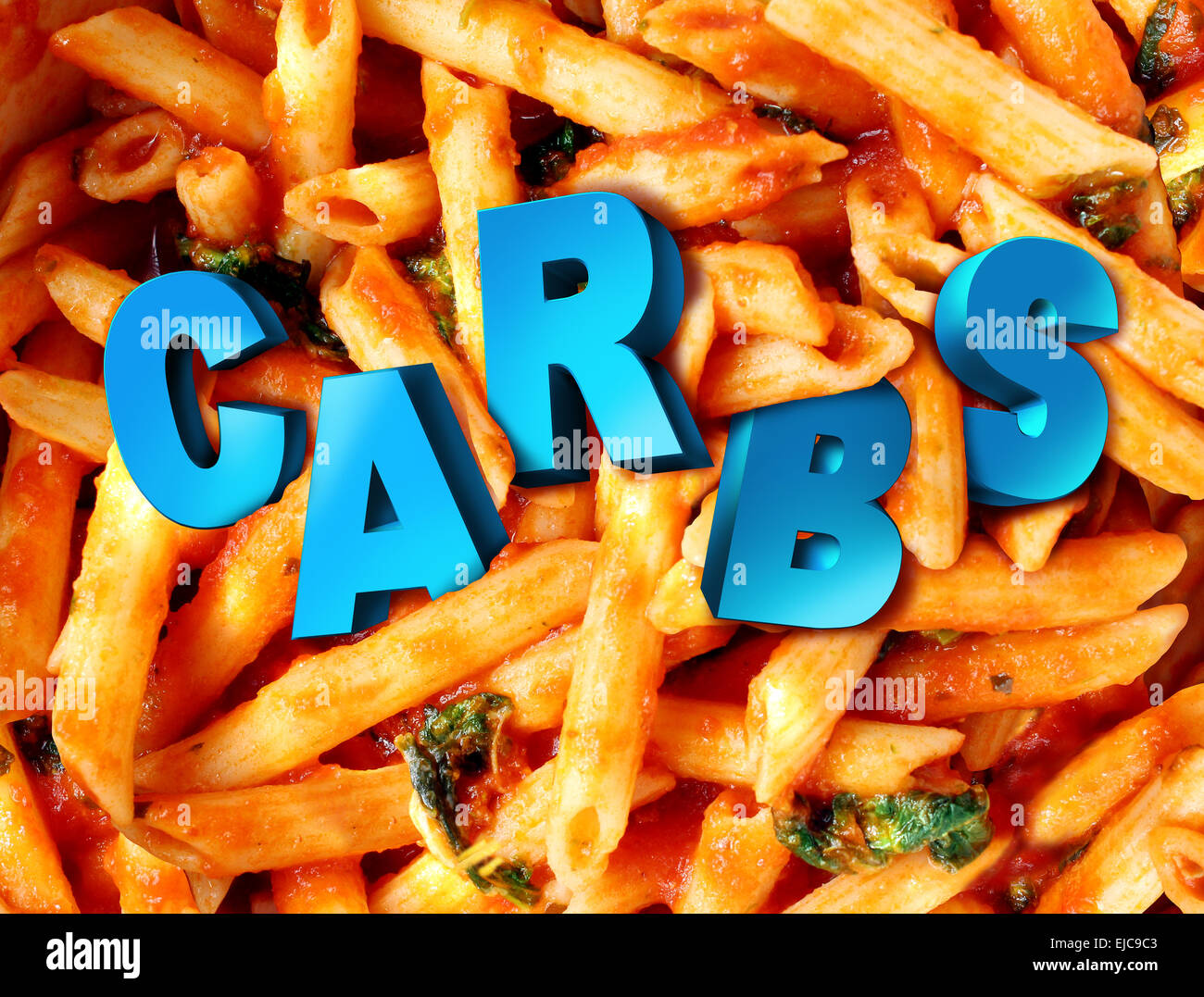 Carbs carbohydrates nutrition concept as a plate of cooked pasta with the word for complex sugar imbedded in the starch rich food as a diet and dieting lifestyle concept for healthy portion control. Stock Photo