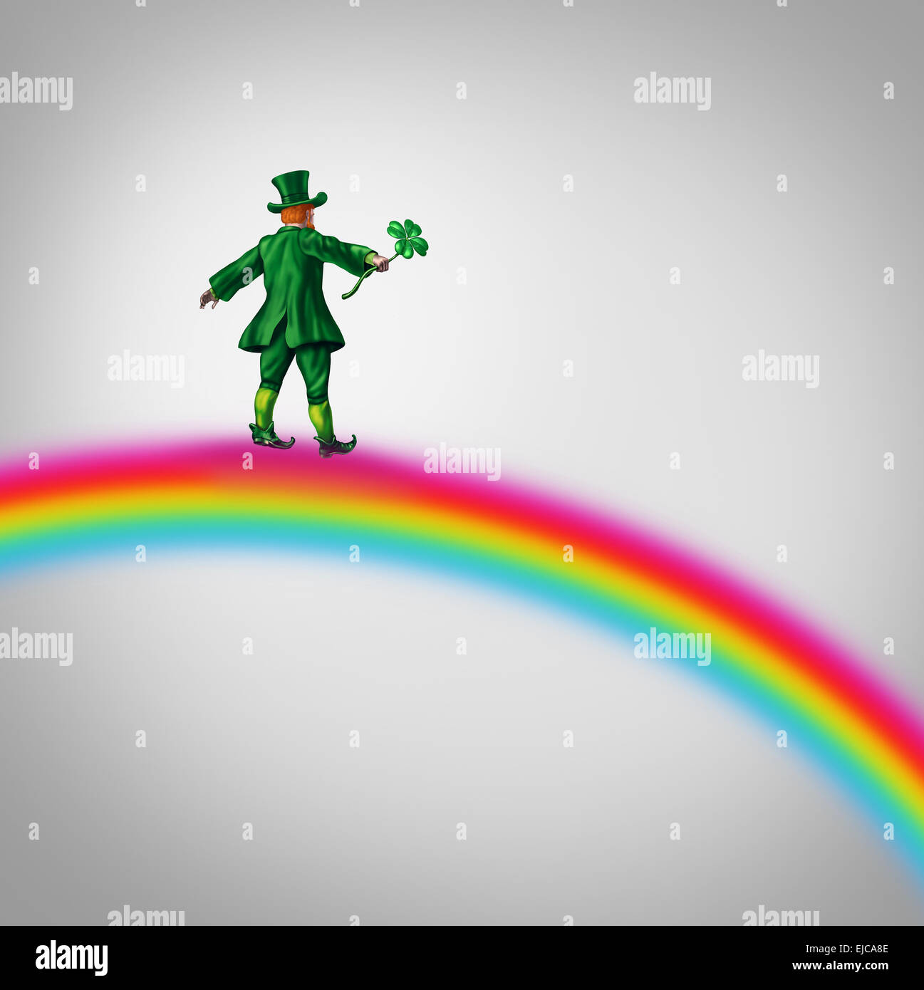 Leprechaun Fortune Rainbow as a small character in a green traditional saint patricks day costume holding a four leaf clover walking on a magical streak of color towards a lucky reward. Stock Photo
